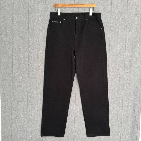 90s Vintage Calvin Klein Blackest Black Silver Tone Button Fly Straight Jeans - Picture 1 of 12